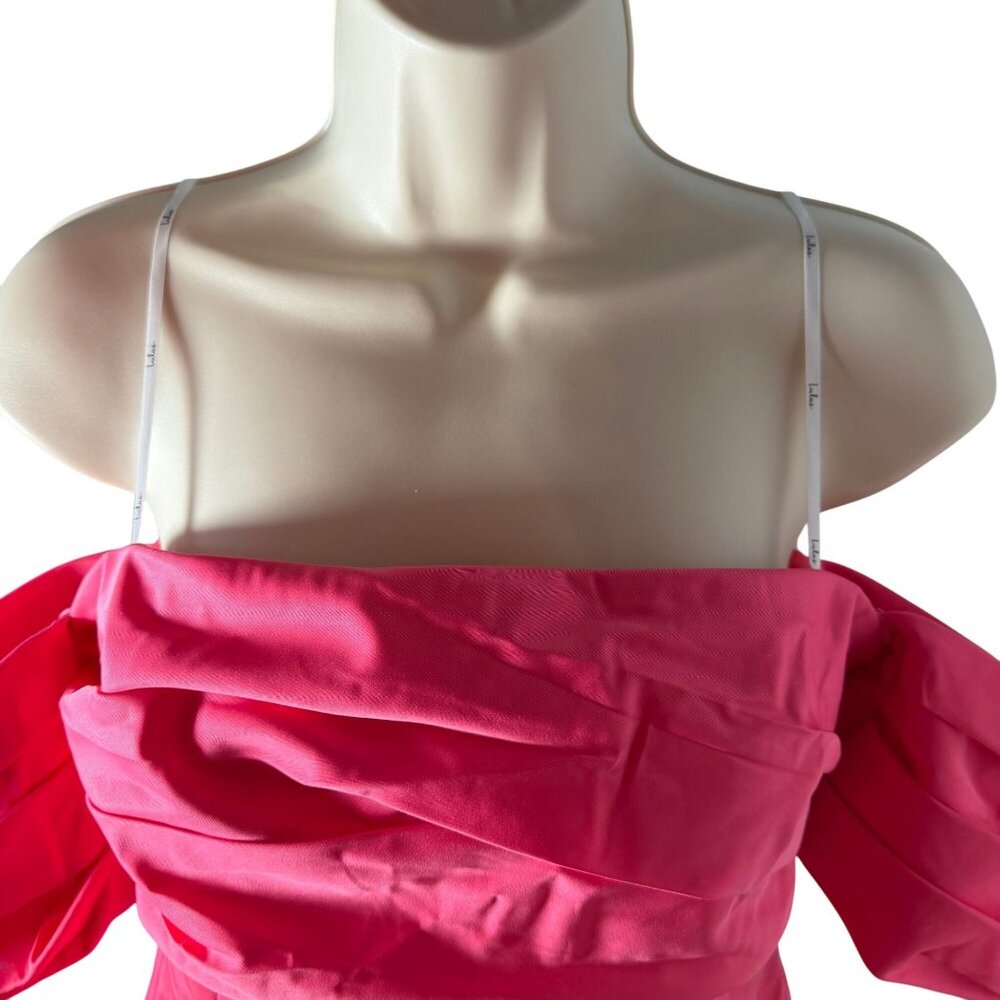 Lulus Totally Haute Pink Satin Pleated Off-the-Shoulder Mini Dress Size M NWT! - Picture 3 of 6